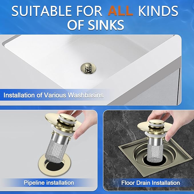 Sink Stopper Hair Catcher(2PCS), Pop-up Sink Drain Strainer with Removable Stainless Steel Strainer Basket Hair Catcher, Bathroom Sink Strainer for Bathroom Sink Stopper Replacement(Brushed Gold-2PCS)