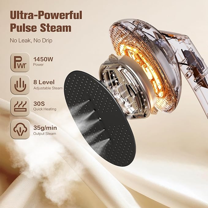 2-in-1 Handheld Steamer for Clothes & lron, 1450W Portable Garment Steamer with Smart LCD Display, 400ml Large Tank,8 Steam Levels, 90° Rotating Head, Fast Heat & Auto-Off for Home/Travel