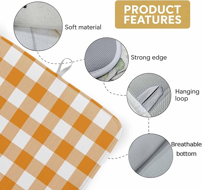 Dish Drying Mat Orange Buffalo Check Plaid Drying Mats for Kitchen Counter Farmhouse Style Absorbent Microfiber Dish Drainer Quick Drying Coffee Mat with Hanging Loop, 16 x18 inch