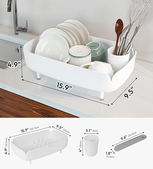 carrotez Split-Design Small Dish Drying Rack, Space-Saving Dish Drainer for Small Kitchen Countertops, Ideal for 1–2 Person Households or as a Secondary Rack, 9.5'' × 15.9'' × 4.9'', White
