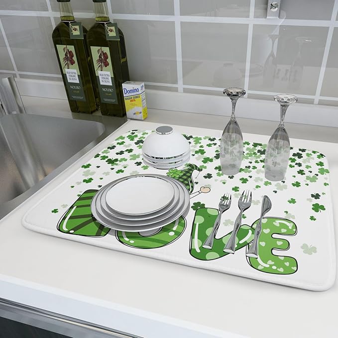 St Patrick's Day Gnomes Love Dish Drying Mat for Kitchen Counter,Green Shamrock Clovers Drying Mat 18 x 24 Inch with High Absorbent Microfiber Drainer Mat for Coffee Bar