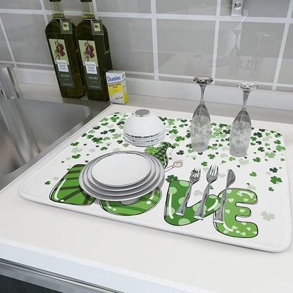 St Patrick's Day Gnomes Love Dish Drying Mat for Kitchen Counter,Green Shamrock Clovers Drying Mat 18 x 24 Inch with High Absorbent Microfiber Drainer Mat for Coffee Bar