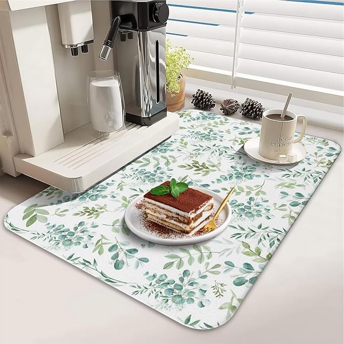 Dish Drying Mat for Kitchen Counter 2 Pack with Non-Slip Rubber Backing - Heat-Resistant Absorbent Coffee Bar Mat, Dish Rack Mat, Green Plant Dish Drying Mats 18x24+19.5x12 inch