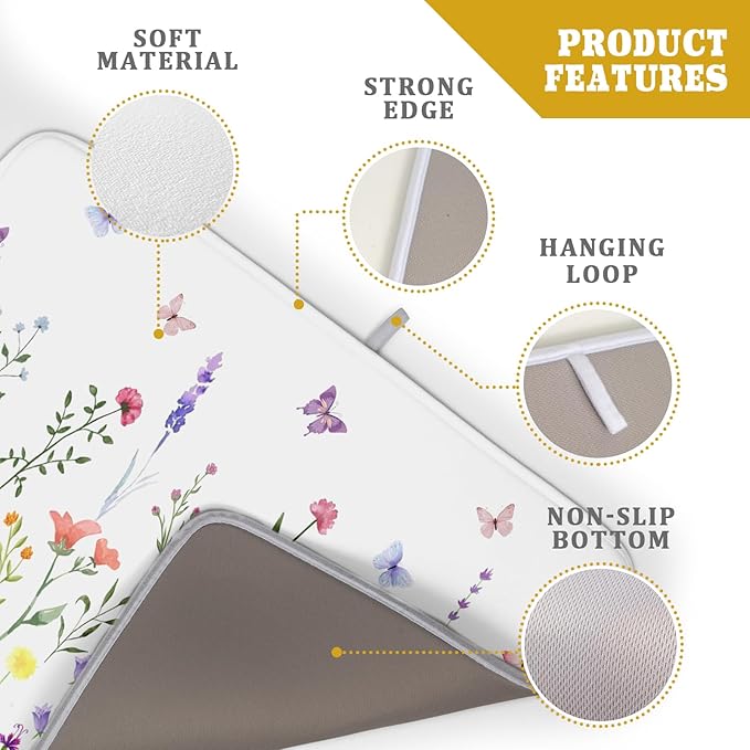 Watercolor Floral Dish Drying Mat for Kitchen Counter 18x24 Inch Spring Summer Wild Flower Butterfly Absorbent Reversible Microfiber Dish Drainer Rack Mats Countertops Protector Mat