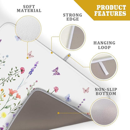 Watercolor Floral Dish Drying Mat for Kitchen Counter 18x24 Inch Spring Summer Wild Flower Butterfly Absorbent Reversible Microfiber Dish Drainer Rack Mats Countertops Protector Mat