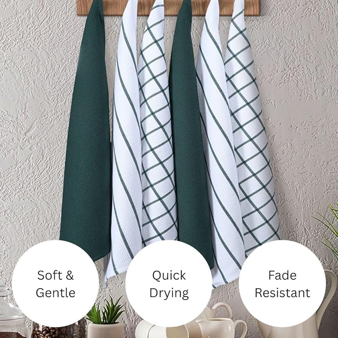 Assorted Waffle Kitchen Towels 100% Cotton Set of 6 - Heavy Duty 320 GSM Quality Dish Cloths Towel - Soft Absorbent Washable for Kitchen Use - Quick Drying Dish Towel 16x26 inch Green
