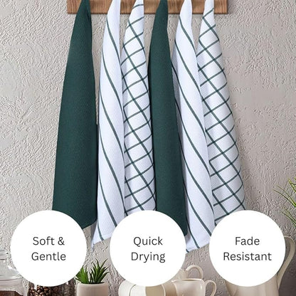 Assorted Waffle Kitchen Towels 100% Cotton Set of 6 - Heavy Duty 320 GSM Quality Dish Cloths Towel - Soft Absorbent Washable for Kitchen Use - Quick Drying Dish Towel 16x26 inch Green