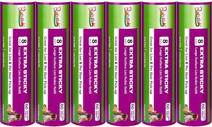 8 inch Large Surface Roller Refills Compatible with Scotch-Brite Pet Hair Pickup Extra Sticky Large Lint Roller Replacement 60 Easy-Tear Adhesive Sheets per Refill Pack of 6 Rolls 360 Sheets Total