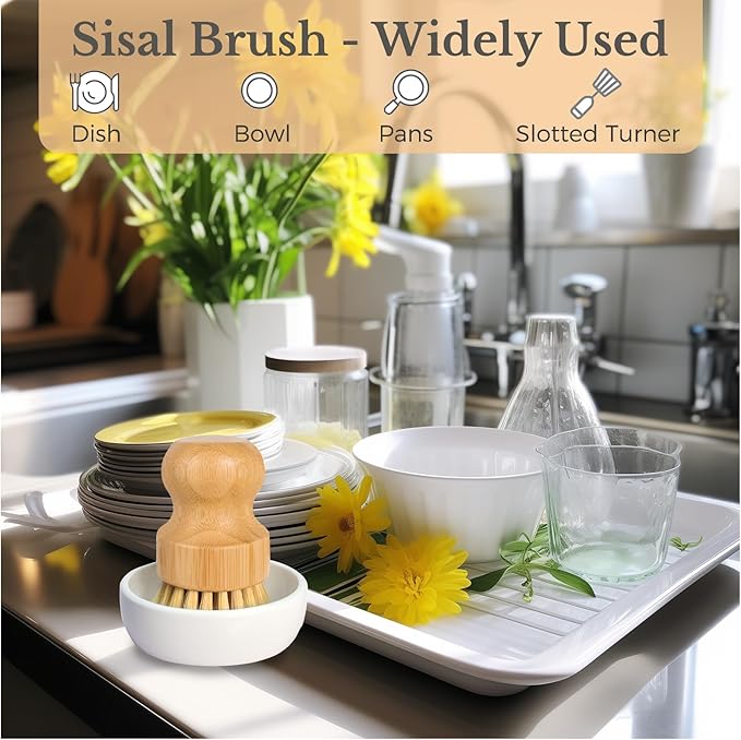 Bamboo Dish Brush, Eco Friendly Sisal Scrubber Brush with Ceramics Holder-Wooden Brush for Pot,Dish and Vegetables (Ceramic Dish+ 2P Sisal)