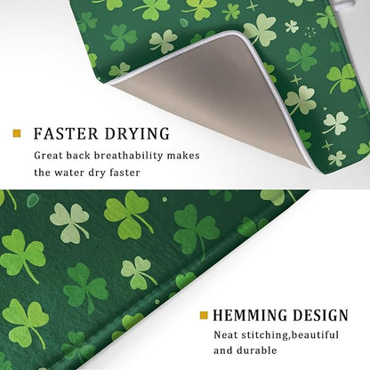 St Patrick's Day Dish Drying Mat 18 x 24 Inch With Absorbent Reversible Microfiber Green Lucky Shamrock Clover Drying Spring Dish Drainer Mat Fast Dry For Kitchen Dining Room Decor