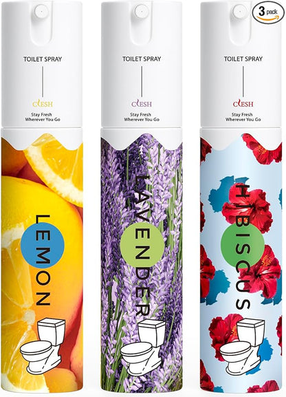Travel Size Toilet Spray, Bathroom Odor Eliminator, 3 Pack, 1 fl oz Each, Up to 150 Uses, For Home and Travel, Essential Oils Freshener Spray, Lemon, Hibiscus, Lavender