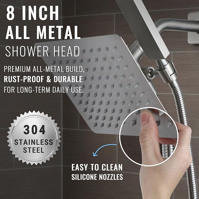 All Metal Shower Faucet Set, Dual Square Shower Head System with Handheld Wand, Diverter, Hose Complete Combo, Pressure Balance Rough-in Valve Included(Brushed Nickel)