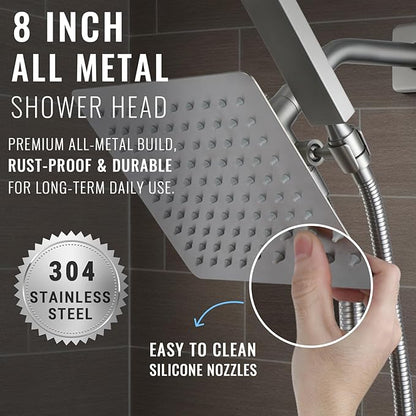 All Metal Shower Faucet Set, Dual Square Shower Head System with Handheld Wand, Diverter, Hose Complete Combo, Pressure Balance Rough-in Valve and Tub Spout Included (Brushed Nickel)