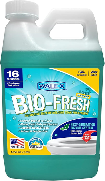 Walex Bio-Fresh Liquid Enzyme Holding Tank Treatment for RV, Camper & Marine - Black Water Tank Deodorizer, Liquifies Waste & Toilet Paper, Septic Tank Safe, Biocide-Free, Ocean Mist, 64oz
