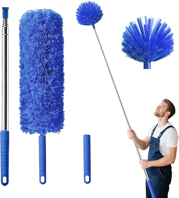 Cobweb Duster with Extension Pole, Washable Cleaning Duster Set with 2 Duster Heads, Spider Web Brush with Pole,high Ceiling Duster with Extension Pole,Cleaning Supplies,Ceiling Fan Cleaner