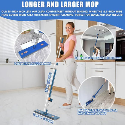16.5" Self Wringing Flat Mop and Bucket Set, 55" Long Handle Microfiber Mop for Floor and Wall Cleaning, Hands-Free Wet & Dry Mop with Squeegee, 5 Replacement Pads & Collapsible Bucket