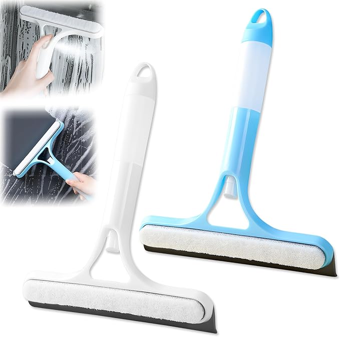 2 Pcs 3 in 1 Window Squeegee Cleaner,3 in 1 Spray Squeegee,WindowSqueegee with Spray,Squeegee for Shower Glass,for Car, Home, Kitchen Window,All-Purpose Window Cleaner Tool (Blue+White)