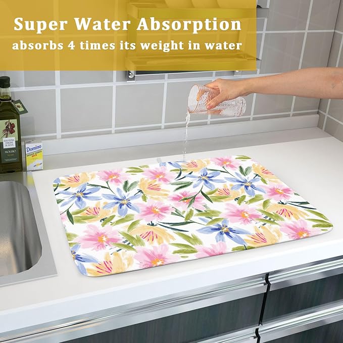 Aportt Spring Summer Floral Dish Drying Mat With Absorbent Reversible Microfiber Colorful Yellow Pink Blue Flowers Drying Mats 18 x 24 Inch Dish Drainer Mat Fast Dry For Kitchen Dining Room