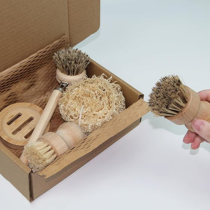 Dish Brush Set with Wooden Handle | Nautral & Bamboo Fibers Plastic Free | Pot Brush Scourer Scrubber ~ 5 Pcs Kitchen Dish Cleaning Tools - Makes Dish Cleaning Easy