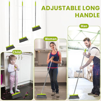 Broom and Standing Dustpan Set 50” Angle Broom with Long Handle Dust Pans for Kitchen Classroom Office Floor Sweeping-Green