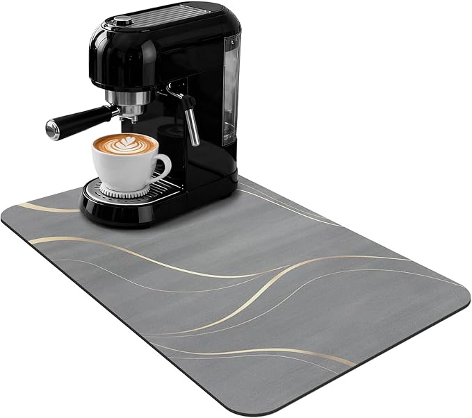 Coffee Mat 24x16 Inch, Light Gray Streamline Coffee Pot Mat, Absorbent Hide Stain Rubber Backed Dish Drying Mat for Kitchen Counter, Mat for Countertops, Under Coffee Maker Machine Bar Espresso Staion