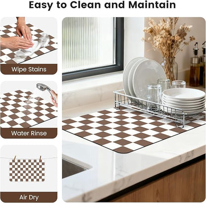 16" x 24" Checkered Dish Drying Mat for Kitchen Counter, Absorbent Coffee Bar Mat for Espresso Machine Coffee Countertops Accessories (Coffee Brown)