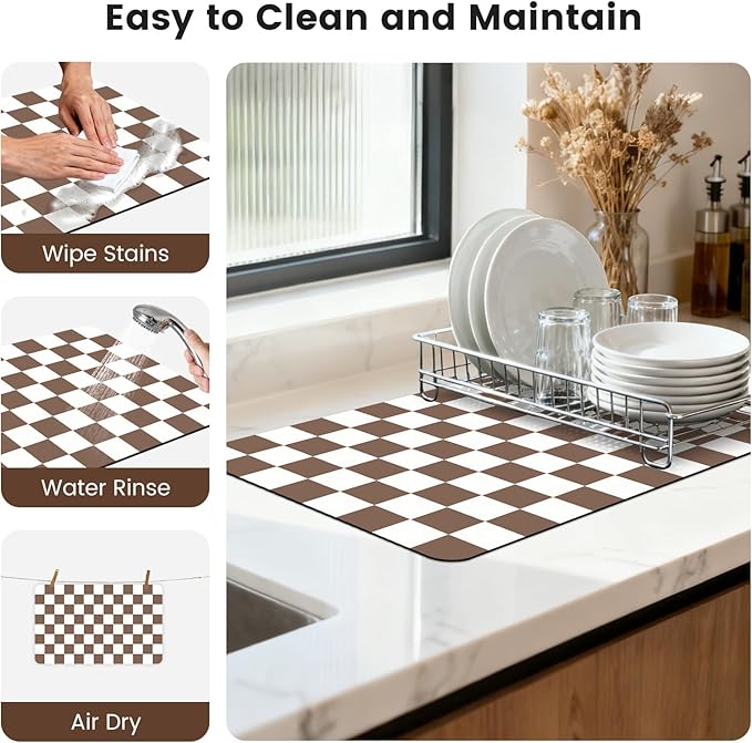 12" x 20" Checkered Dish Drying Mat for Kitchen Counter, Absorbent Coffee Bar Mat for Espresso Machine Coffee Countertops Accessories (Coffee Brown)