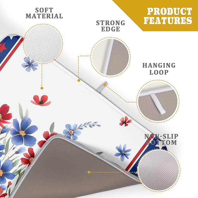 4th of July Dish Drying Mats for Kitchen Counter Summer Flowers Patriotic Kitchen Mats 18x24 Inch Absorbent Microfiber Drainer Mats Independence Day Dishes Pad Quick Dry for Tableware Protector Decor