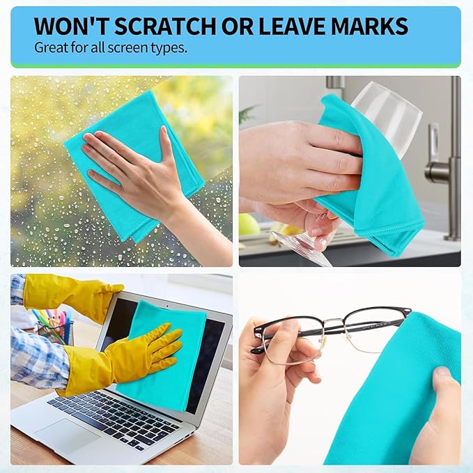 HOMERHYME Microfiber Cleaning Cloth - 6 Pack Glasses Cleaning Cloth, 16" x 14" Window Cleaning Rags, Streak Free Lint Free Polishing Cloths Wipes for Eye Glass, Stainless Steel, Windshield, Turquoise