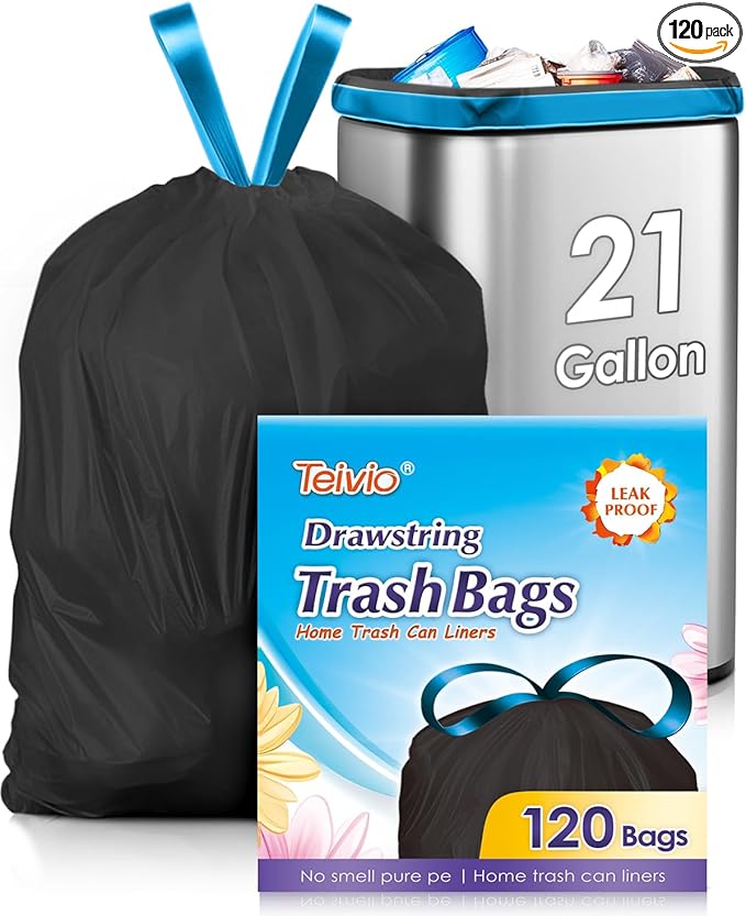 21 Gallon 120 Counts Strong Drawstring Trash Bags Garbage Bags by Teivio,Fit 20 Gal Bathroom Trash Can Bin Liners, Plastic Bags for home office kitchen, Black