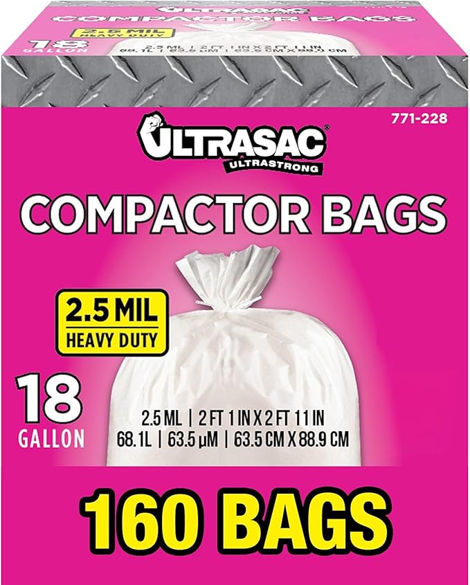 Ultrasac Compactor Bags - (160 Pack with Ties) 18 Gallon for 15 inch Compactors - 25" x 35" Heavy Duty 2.5 MIL Garbage Disposal Bags Compatible with Kitchenaid Kenmore Whirlpool GE Gladiator