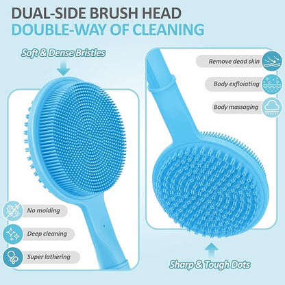 Soft Silicone Back Scrubber & Bath Glove 2PCS, 16''- 24'' Extendable Shower Scrubber with Dual-Side Head, 360° Anti-Slip & Hand-fit Silicone Body Scrubber for Rich Foaming Deep Cleaning(Blue)