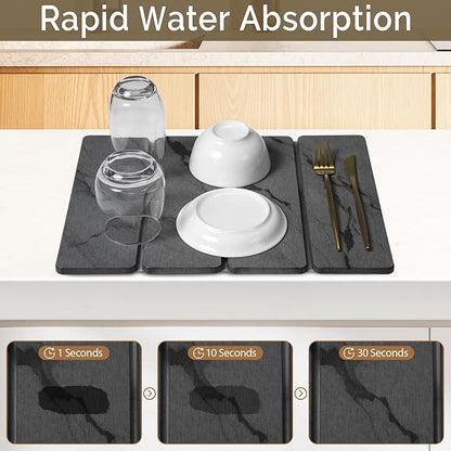 Small Stone Dish Drying Mat for Kitchen Counter, 2 PCS 16"×12" & 8"x4" Quick Dry Stone Mats, Foldable Water Absorbing Diatomite Drying Dish Pad for Countertop Bottles Utensils Cups(Dark Gray Ink)