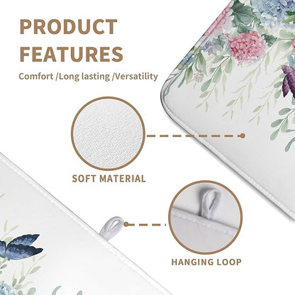 Spring Flowers Dish Drying Mat for Kitchen Counter Blue Pink Hydrangea Floral Drying Mats Absorbent Reversible Microfiber Dish Draining Mat Reusable Washable Dishes Pad Extra Large 18"x24"