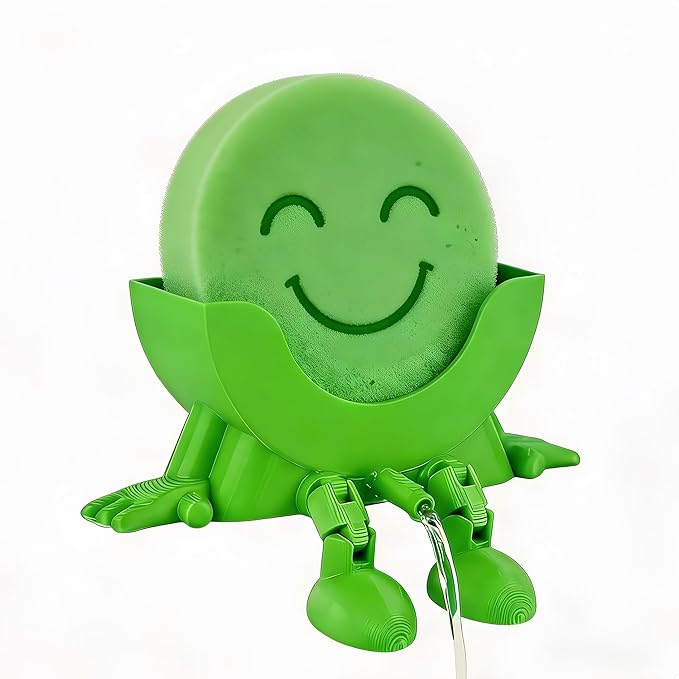 Cute Hanging Sponge Holder, Drainable Kitchen Sink Organizer, Scrub Sponge Stand Storage Rack with Smiley Design, Sink Accessories (Green)