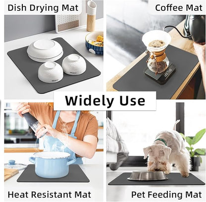 LOPNUR Kitchen Dish Drying Mat, 18"x16" Small Dish Drying Mats for Kitchen Counter, Diatomite Coffee Mat, Super Absorbent Dish Drying Pad, Heat Resistant Mat with Anti-slip Rubber Backed, Grey