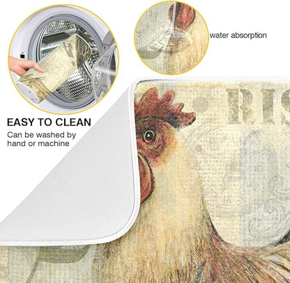 Farmhouse Rooster Dish Drying Mat 16 x 18 Inch with Hanging Loop High Absorbent Reversible Microfiber Dish Drying Pad Dish Rack Pad Drainer Mat for Kitchen Counter Coffee Bar