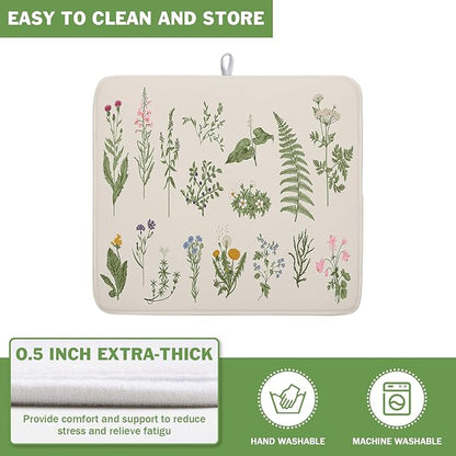 Kawani Sage Flower Herbs Dish Drying Mat For Kitchen Counter 16x18 In Green Leaves Microfiber Absorbent Dishes Pad Wild Plant Herbs Drying Pad Dish Drainer Rack Absorbent Fast Dry Kitchen Accessories