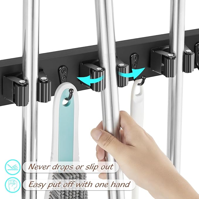 OUTNILI Black Mop Broom Holder Wall Mount with 3 Slots & 4 Hooks - Wood Broom Mop Hanger for Pantry Kitchen Organization - Garden Tool Organizer for Closet Laundry Room