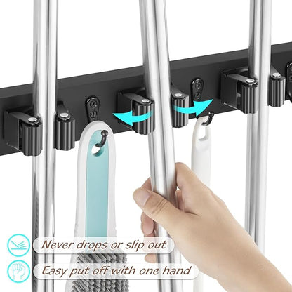 OUTNILI Black Mop Broom Holder Wall Mount with 3 Slots & 4 Hooks - Wood Broom Mop Hanger for Pantry Kitchen Organization - Garden Tool Organizer for Closet Laundry Room