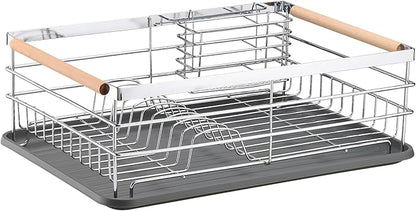 Navaris Dish Rack - Compact Drying Kitchen Board with Drip Tray & Cutlery Holder - Easy to Assemble and Clean Dishes - Sink Drainer Rack - Silver with Wooden Handles