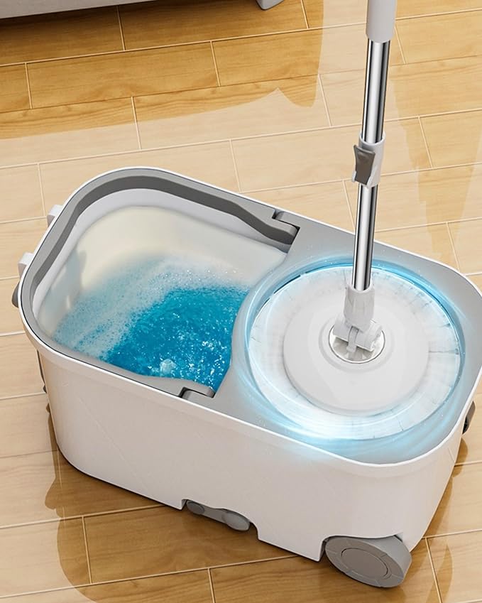 Spin Mop and Bucket System with Wringer, Microfiber Spin Mop and Bucket Set, Stainless Steel Handle, Rolling Mop Bucket with Drain Plug, Includes 3 Mop Heads for Hardwood Tile Floors