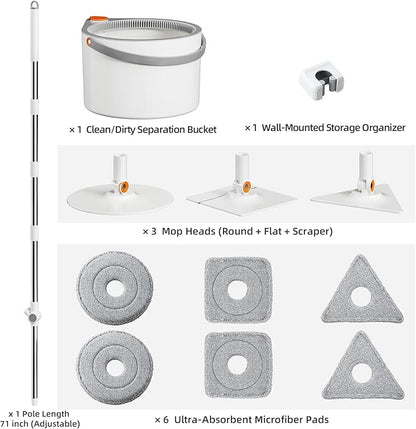 3-in-1 Precision Spin Mop & Bucket System, 71” Extra-Long Handle, Clean-Water Separation, 3 Specialized Heads for Baseboards & Corners, Compact for Hardwood & Micro-Porous Floors