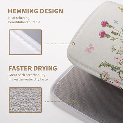 Wildflower Floral Dish Drying Mat for Kitchen Counter Vintage Rustic Flower Drying Mats Spring Summer Herb Plant Absorbent Microfiber Dishes Pad Washable Dish Draining Mat Medium 16"x18"