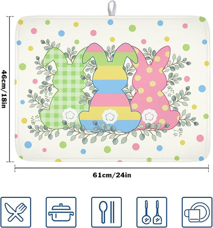 Easter Bunny Dish Drying Mat for Kitchen Counter Cute Rabbit Colorful Polka Dots Pattern Drying Mat 18x24 Inch Spring Holiday Absorbent Dish Drainer Mat Kitchen Accessories