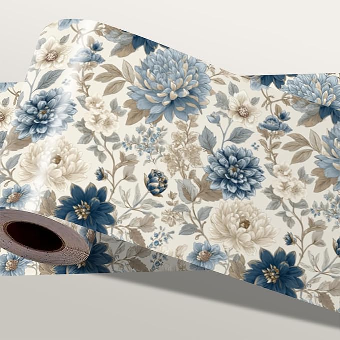 Blue Floral Wallpaper Border 196x4 Inch Peel and Stick Removable Vinyl Wall Border Elegant Blue and Beige Flower Wall Trim for Kitchen Bathroom Bedroom Living Room Home Decor