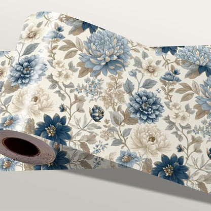 Blue Floral Wallpaper Border 196x4 Inch Peel and Stick Removable Vinyl Wall Border Elegant Blue and Beige Flower Wall Trim for Kitchen Bathroom Bedroom Living Room Home Decor