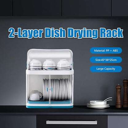 2-Layer Kitchen Dish Rack Drain Bowl Cup Plate Dish Drying Drainer with Cover