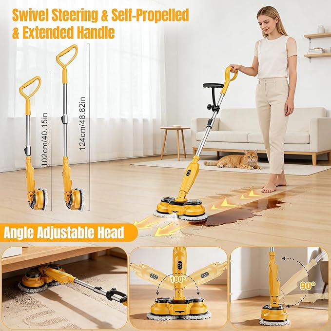 Cordless Electric Mop for Dewalt 20V Battery (NO Battery), 2 in 1 Spin Mop & Electric Floor Scrubber Machine with LED Light & Water Spray, 800 RPM Rotating Electric Mops for Floor Cleaning (Yellow)
