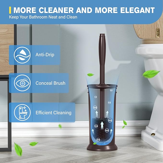 UPTRONIC Toilet Brush, Aluminum Alloy Toilet Brush and Holder Set with Long Handle Durable Bristles Toilet Bowl Brush and Covered Holder for Toilet Scrubber for Bathroom Cleaning (2Pcs Dark Brown)